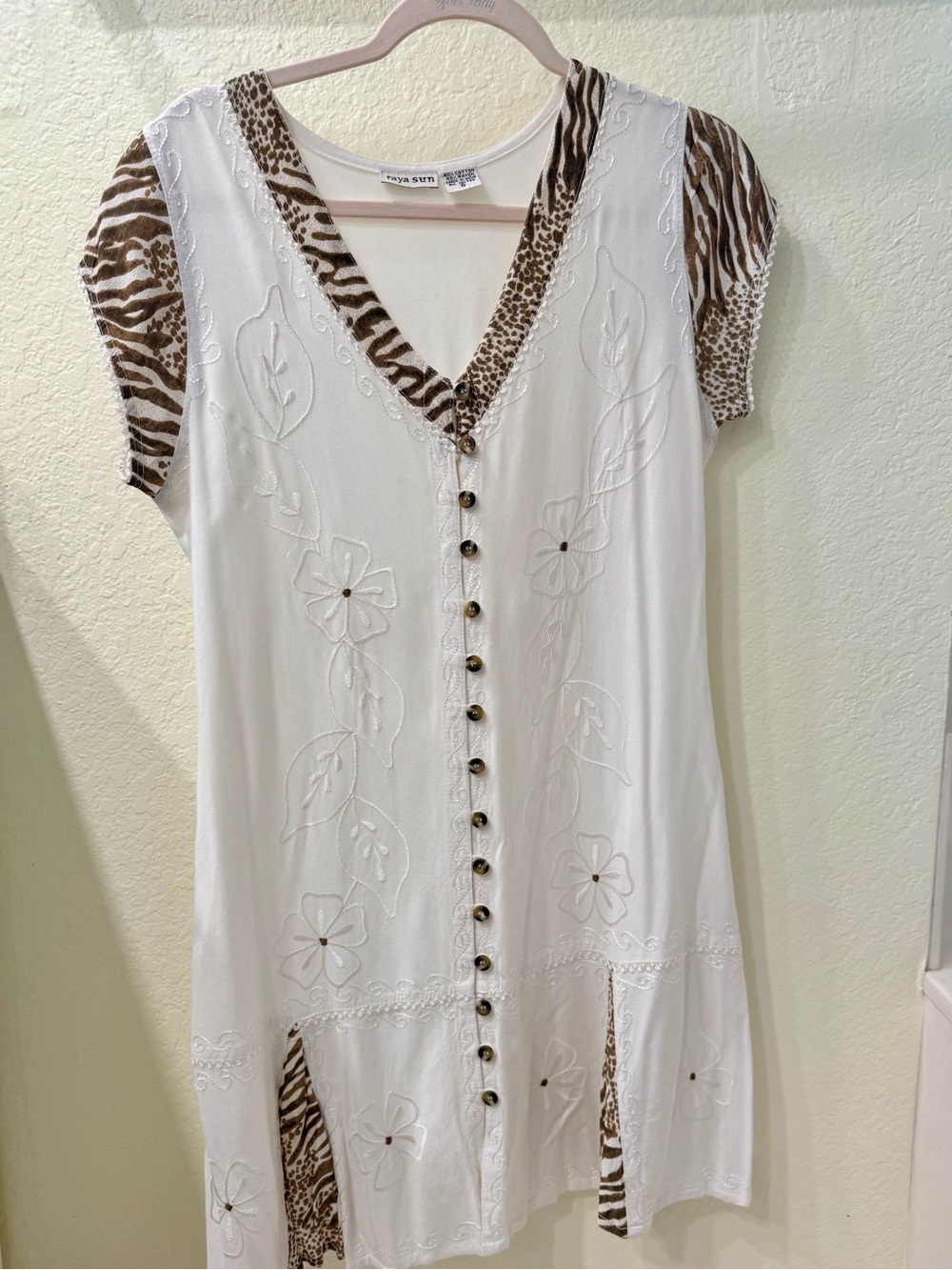 White Floral Embroidered Button-Front Dress with Animal Trim